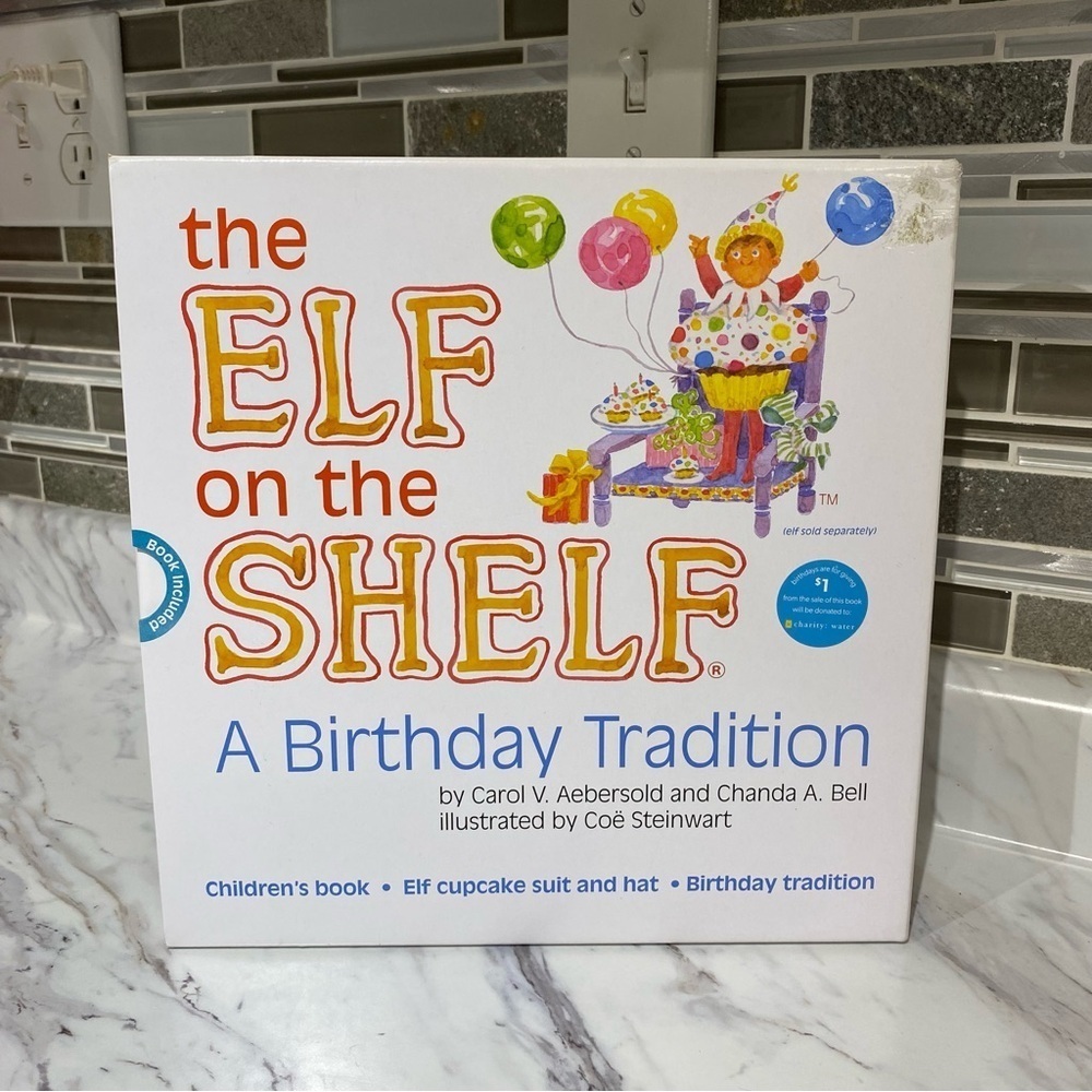 New Elf On The Shelf birthday tradition book with elf cupcake suit and hat